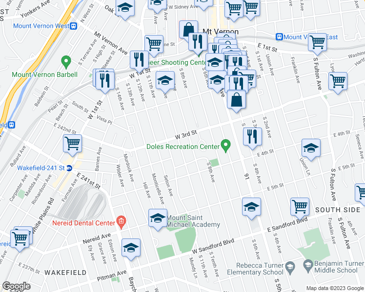 map of restaurants, bars, coffee shops, grocery stores, and more near 217 South 10th Avenue in Mount Vernon