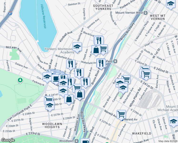 map of restaurants, bars, coffee shops, grocery stores, and more near 33 New Avenue in Yonkers