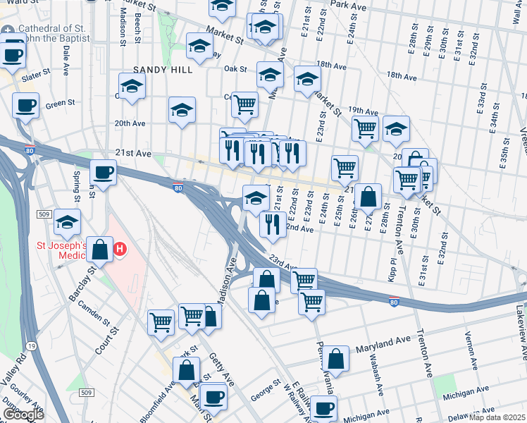 map of restaurants, bars, coffee shops, grocery stores, and more near 95 East 20th Street in Paterson