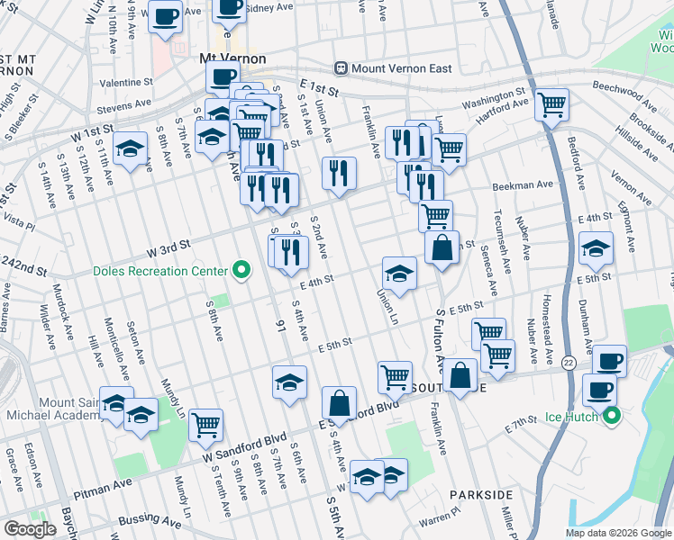 map of restaurants, bars, coffee shops, grocery stores, and more near in Mount Vernon