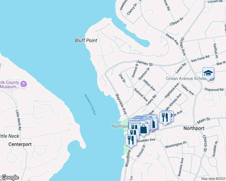map of restaurants, bars, coffee shops, grocery stores, and more near 155 Bayview Avenue in Northport