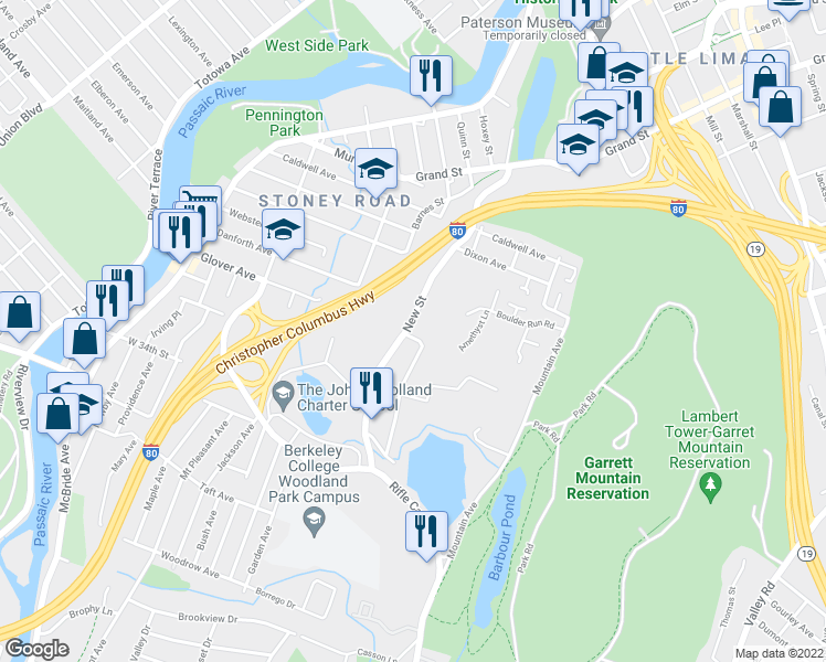 map of restaurants, bars, coffee shops, grocery stores, and more near 155 New Street in Paterson