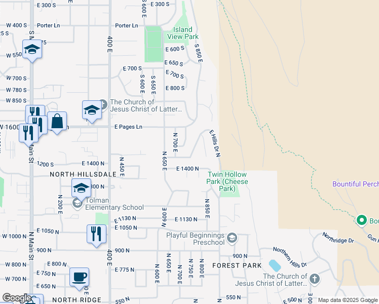 map of restaurants, bars, coffee shops, grocery stores, and more near 747 East Hills Drive North in Bountiful