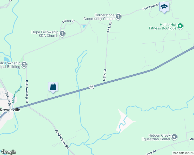 map of restaurants, bars, coffee shops, grocery stores, and more near 119 H.T.Y. Road in Kunkletown