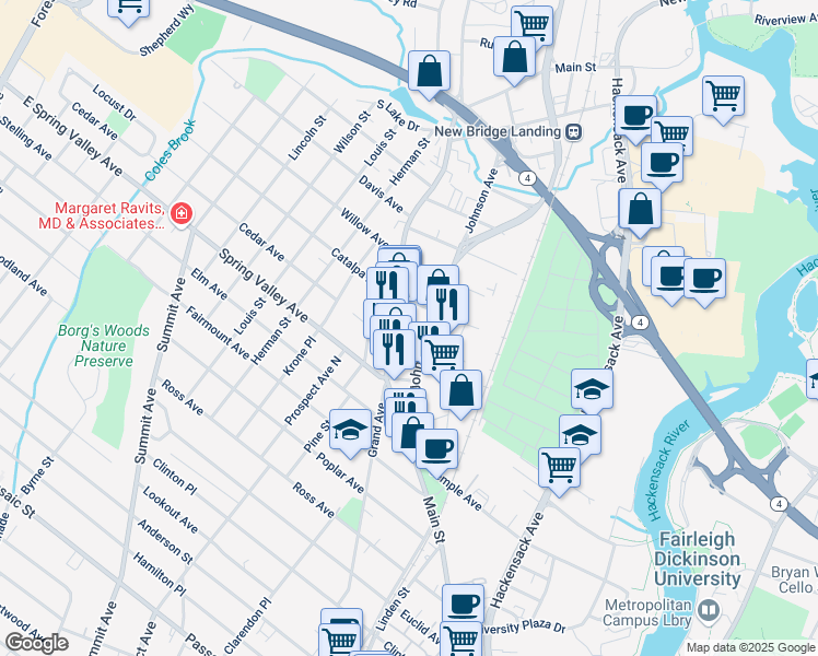 map of restaurants, bars, coffee shops, grocery stores, and more near 17 Voorhis Lane in Hackensack