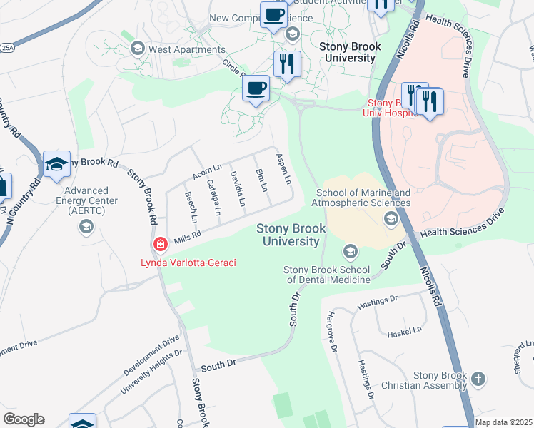 map of restaurants, bars, coffee shops, grocery stores, and more near 44 Mills Road in Stony Brook