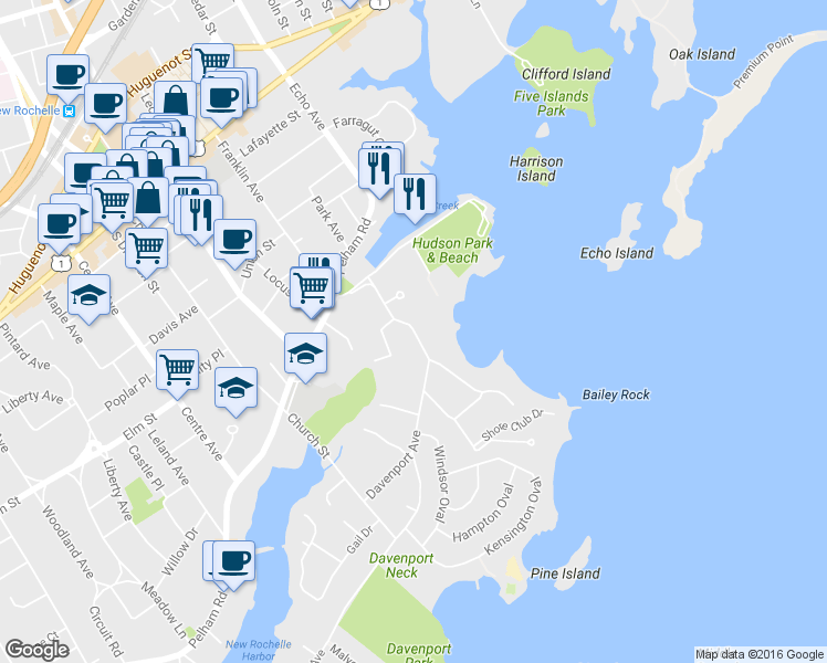 map of restaurants, bars, coffee shops, grocery stores, and more near 43 Davenport Avenue in New Rochelle