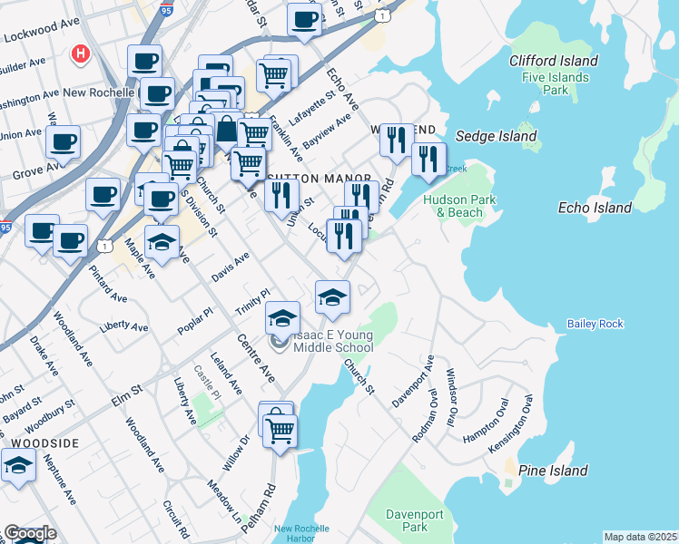 map of restaurants, bars, coffee shops, grocery stores, and more near 123 65 in New Rochelle