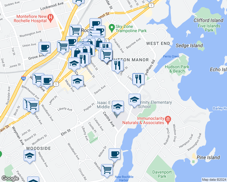 map of restaurants, bars, coffee shops, grocery stores, and more near 123 Church Street in New Rochelle