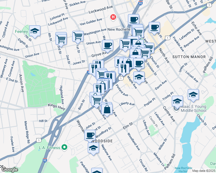 map of restaurants, bars, coffee shops, grocery stores, and more near 5 Webster Avenue in New Rochelle