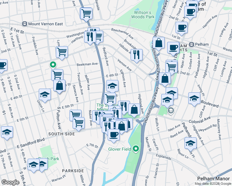 map of restaurants, bars, coffee shops, grocery stores, and more near 357 Bedford Avenue in Mount Vernon