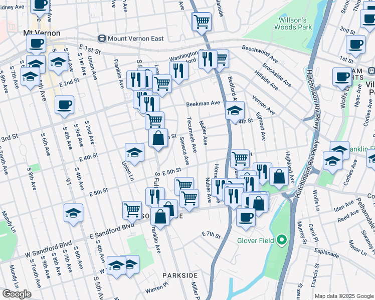 map of restaurants, bars, coffee shops, grocery stores, and more near 333 Seneca Avenue in Mount Vernon