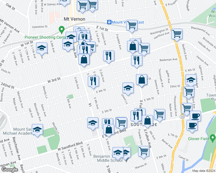 map of restaurants, bars, coffee shops, grocery stores, and more near in Mount Vernon