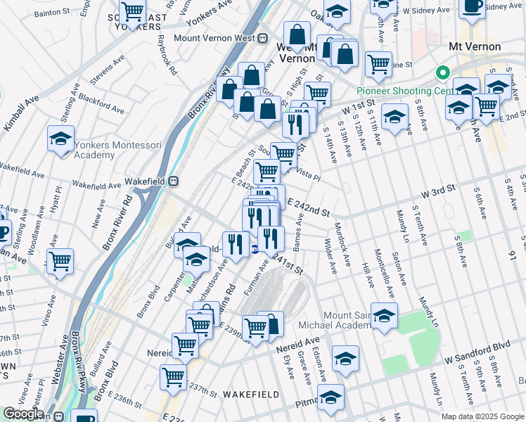 map of restaurants, bars, coffee shops, grocery stores, and more near 4759 White Plains Road in The Bronx