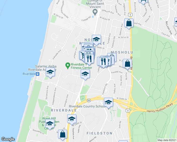 map of restaurants, bars, coffee shops, grocery stores, and more near 5601 Riverdale Avenue in Bronx