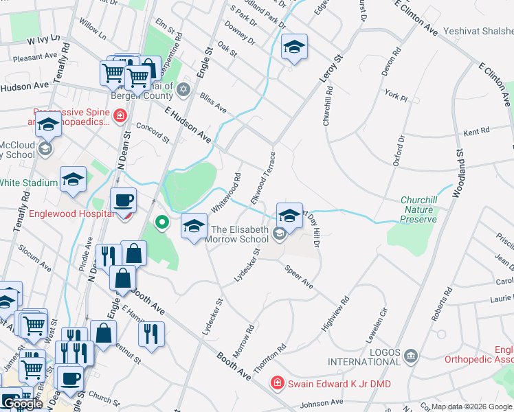 map of restaurants, bars, coffee shops, grocery stores, and more near 490 Lydecker Street in Englewood