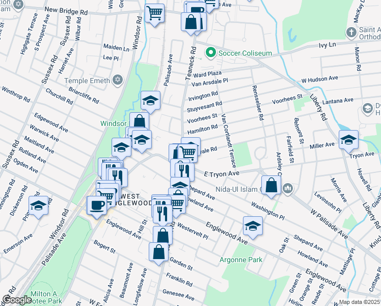 map of restaurants, bars, coffee shops, grocery stores, and more near 19 Intervale Road in Teaneck