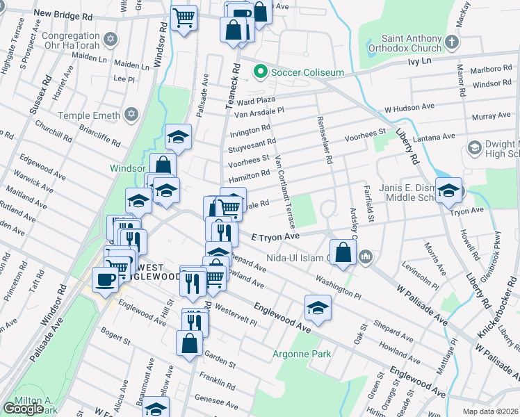 map of restaurants, bars, coffee shops, grocery stores, and more near 68 Intervale Road in Teaneck