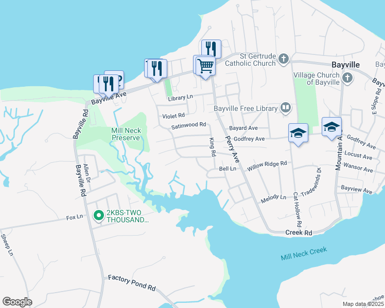 map of restaurants, bars, coffee shops, grocery stores, and more near 23 Hickory Road in Bayville