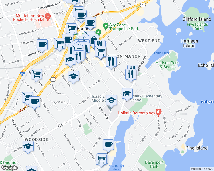 map of restaurants, bars, coffee shops, grocery stores, and more near 121 Church Street in New Rochelle