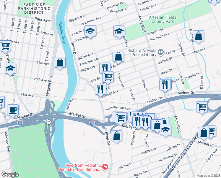 map of restaurants, bars, coffee shops, grocery stores, and more near 57 Summit Avenue in Elmwood Park