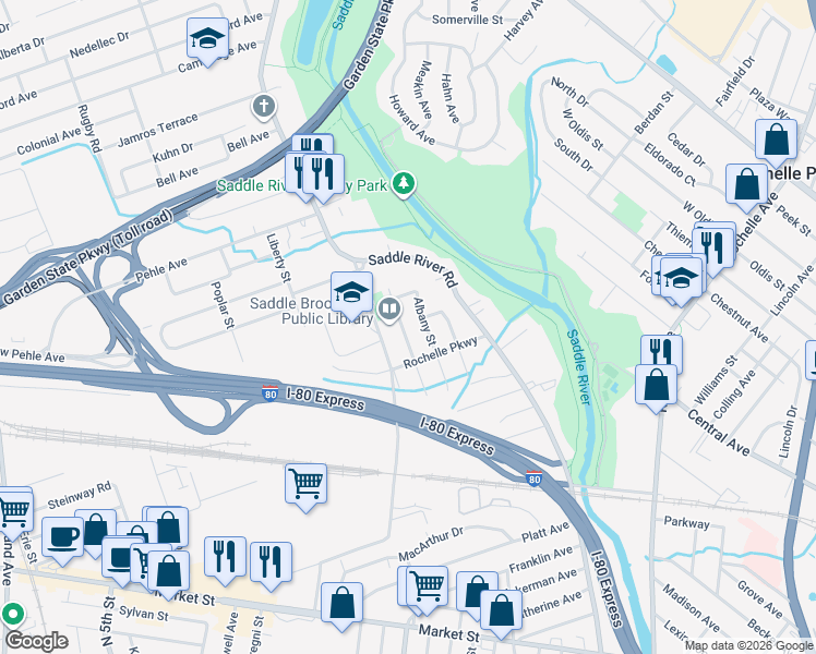 map of restaurants, bars, coffee shops, grocery stores, and more near 332 Congress Street in Saddle Brook