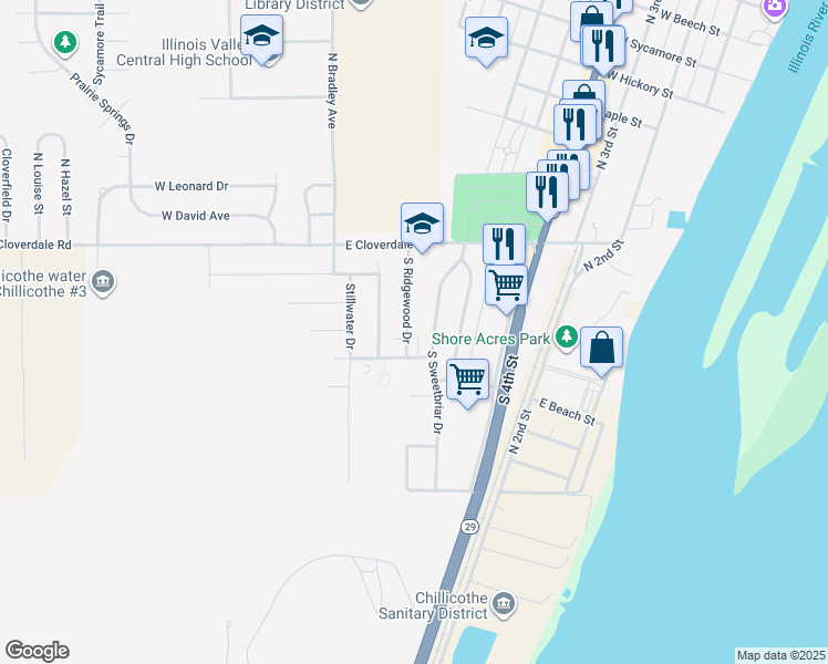 map of restaurants, bars, coffee shops, grocery stores, and more near 308 South Ridgewood Drive in Chillicothe