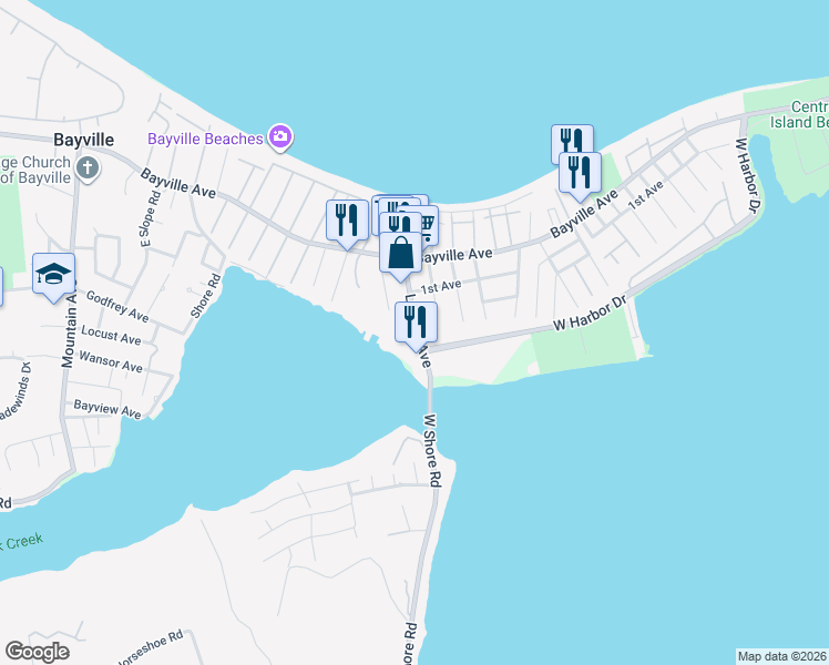 map of restaurants, bars, coffee shops, grocery stores, and more near 34 Ludlam Avenue in Bayville