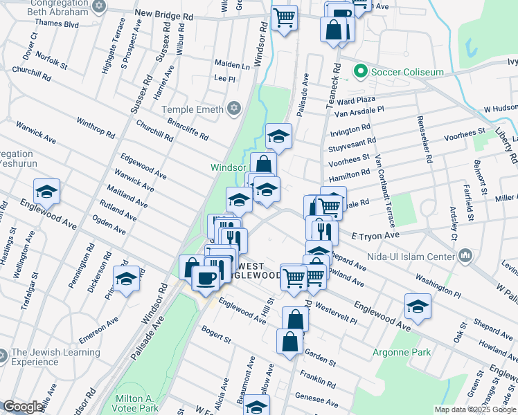 map of restaurants, bars, coffee shops, grocery stores, and more near 112 West Tryon Avenue in Teaneck