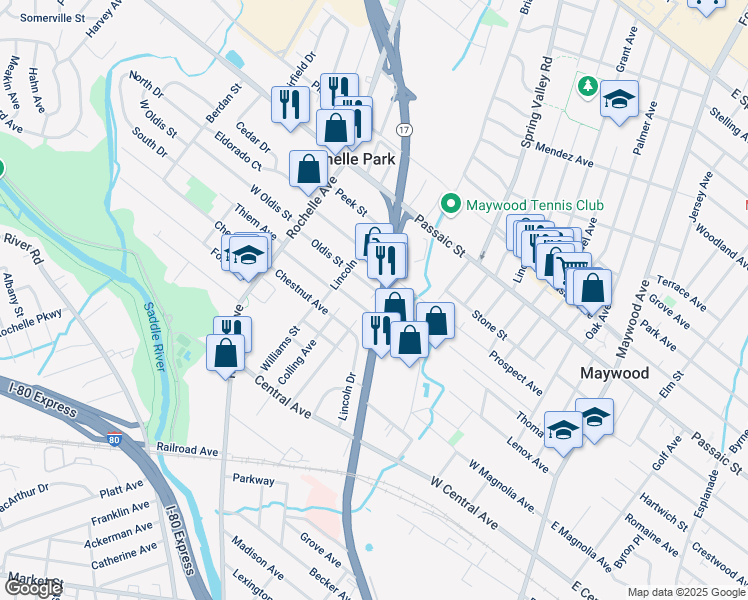 map of restaurants, bars, coffee shops, grocery stores, and more near 194 New Jersey 17 in Rochelle Park