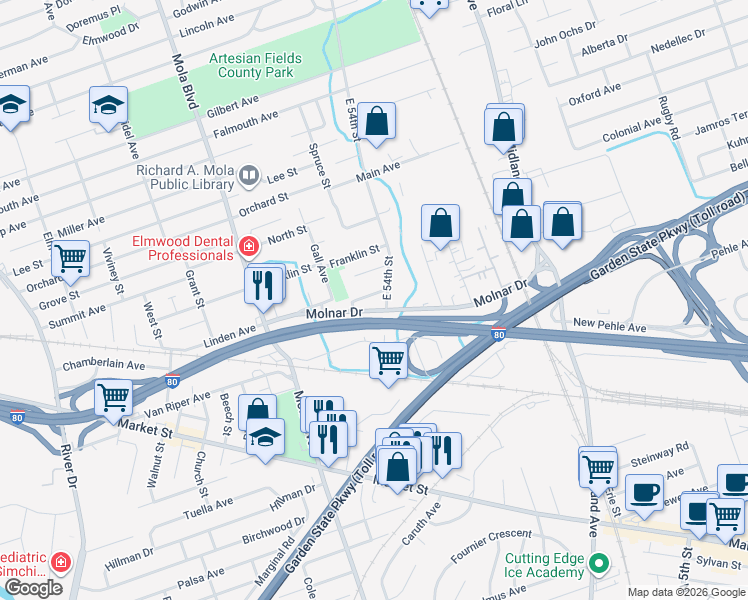 map of restaurants, bars, coffee shops, grocery stores, and more near 22 Garners Lane in Elmwood Park