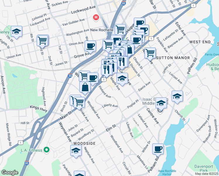 map of restaurants, bars, coffee shops, grocery stores, and more near 34 Marvin Place in New Rochelle
