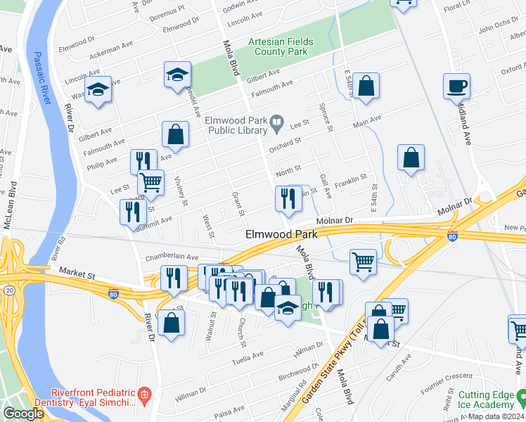 map of restaurants, bars, coffee shops, grocery stores, and more near 70 Franklin Street in Elmwood Park