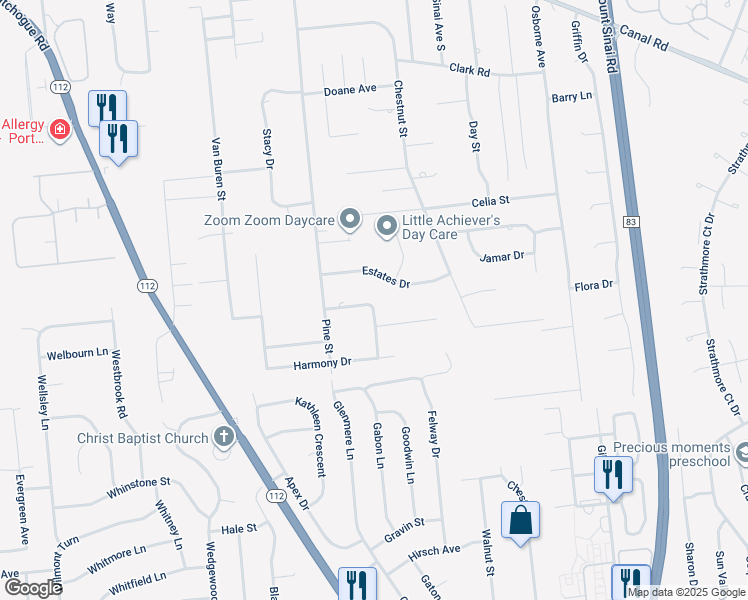 map of restaurants, bars, coffee shops, grocery stores, and more near 9 Andrew Street in Port Jefferson Station