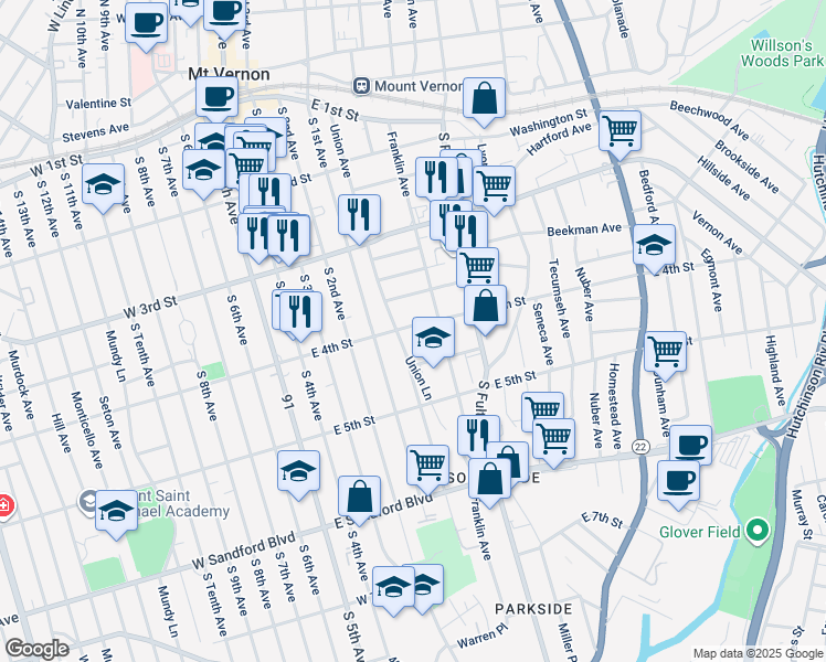 map of restaurants, bars, coffee shops, grocery stores, and more near 112 East 4th Street in Mount Vernon