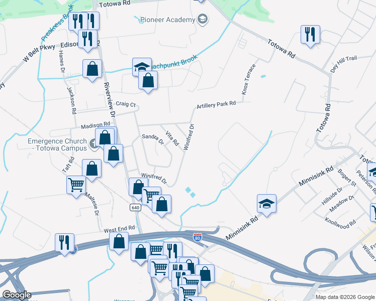 map of restaurants, bars, coffee shops, grocery stores, and more near 201 Winifred Drive in Totowa