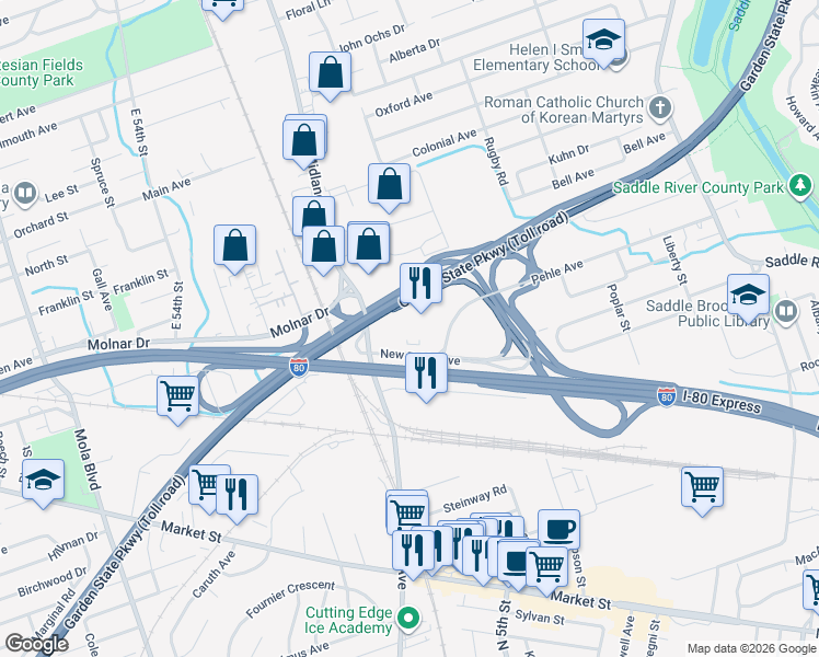map of restaurants, bars, coffee shops, grocery stores, and more near 250 Pehle Avenue in Saddle Brook