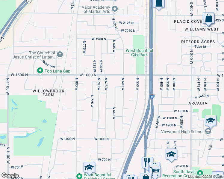 map of restaurants, bars, coffee shops, grocery stores, and more near 1485 N 640 W in West Bountiful