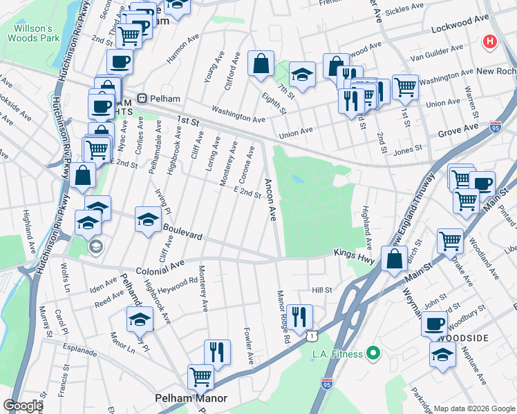 map of restaurants, bars, coffee shops, grocery stores, and more near 214 Elderwood Avenue in Village of Pelham