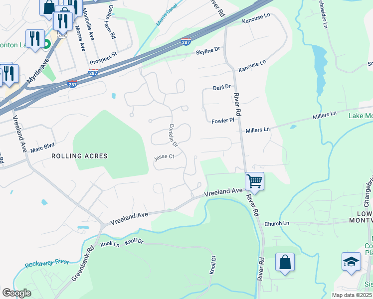 map of restaurants, bars, coffee shops, grocery stores, and more near 3 Conklin Drive in Montville