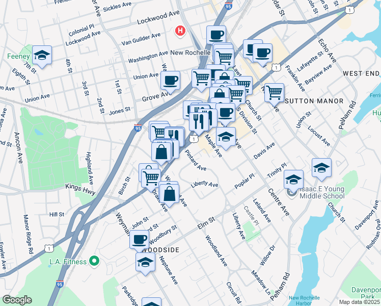 map of restaurants, bars, coffee shops, grocery stores, and more near 16 Pintard Avenue in New Rochelle