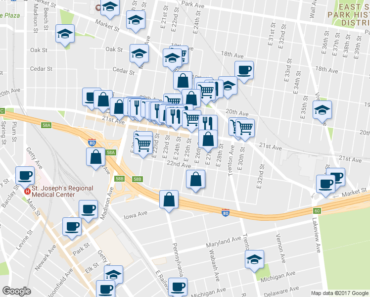 map of restaurants, bars, coffee shops, grocery stores, and more near 1016 East 25th Street in Paterson