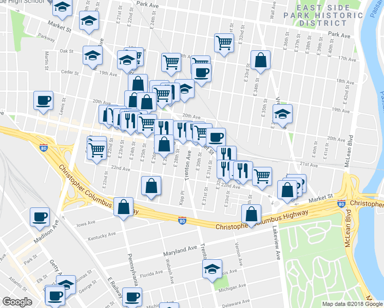 map of restaurants, bars, coffee shops, grocery stores, and more near 33 Trenton Avenue in Paterson