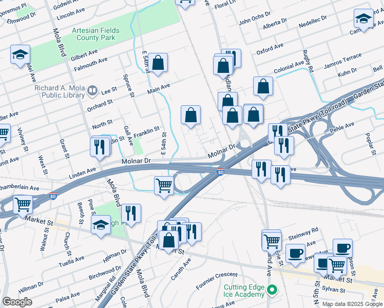 map of restaurants, bars, coffee shops, grocery stores, and more near 5 Chobot Lane in Elmwood Park