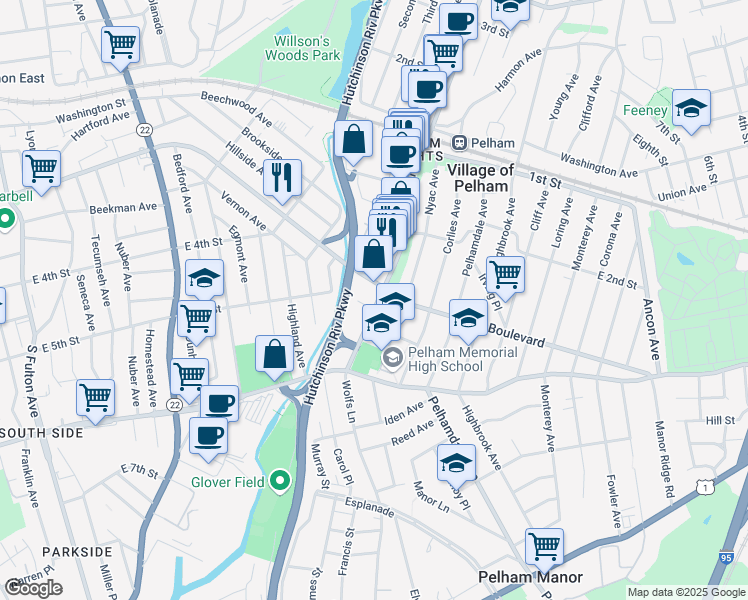 map of restaurants, bars, coffee shops, grocery stores, and more near 313 Wolfs Lane in Village of Pelham