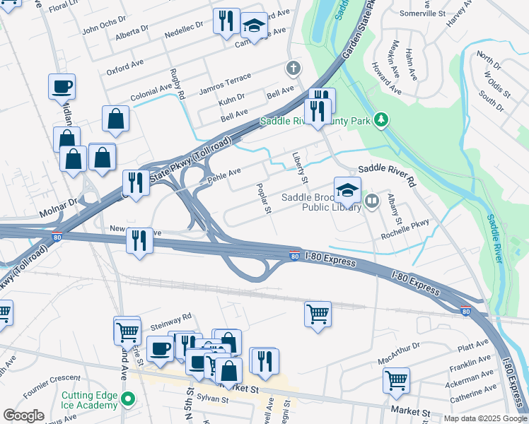 map of restaurants, bars, coffee shops, grocery stores, and more near 121 South Leswing Avenue in Saddle Brook