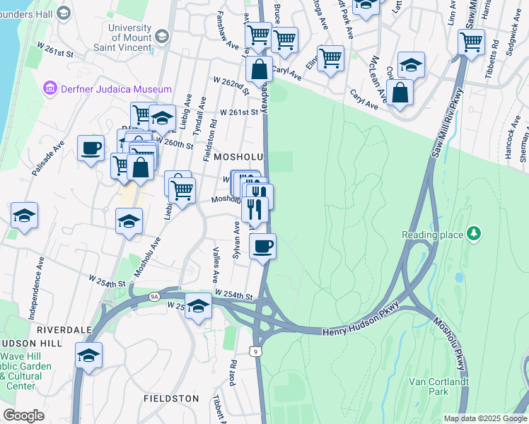 map of restaurants, bars, coffee shops, grocery stores, and more near David Sheridan Plaza in Bronx