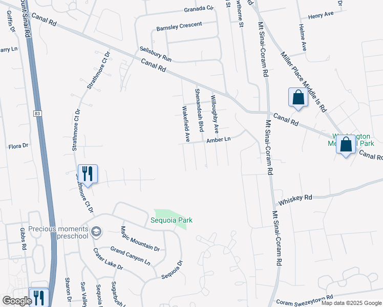 map of restaurants, bars, coffee shops, grocery stores, and more near 6 Wadsworth Avenue in Coram