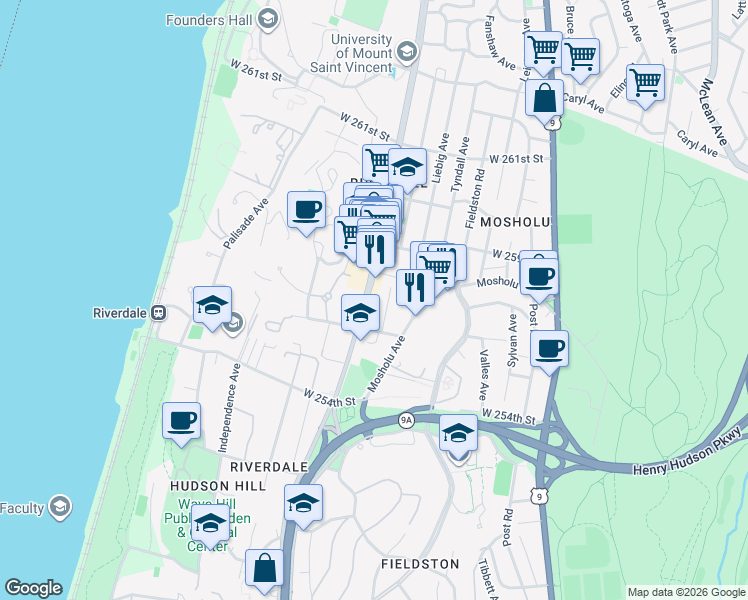 map of restaurants, bars, coffee shops, grocery stores, and more near 5601 Riverdale Avenue in Bronx