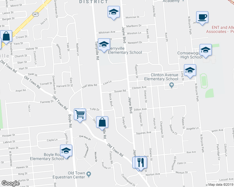 map of restaurants, bars, coffee shops, grocery stores, and more near 30 Evelyn Road in Port Jefferson Station